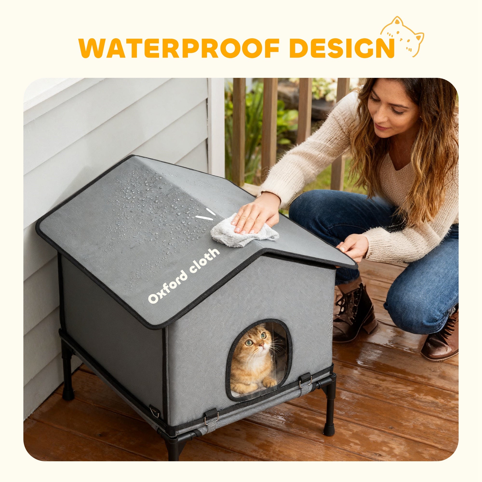 Gray oxford cloth outdoor cat house with black trim circular entrance waterproof design by PawHut