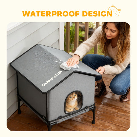 Gray oxford cloth outdoor cat house with black trim circular entrance waterproof design by PawHut