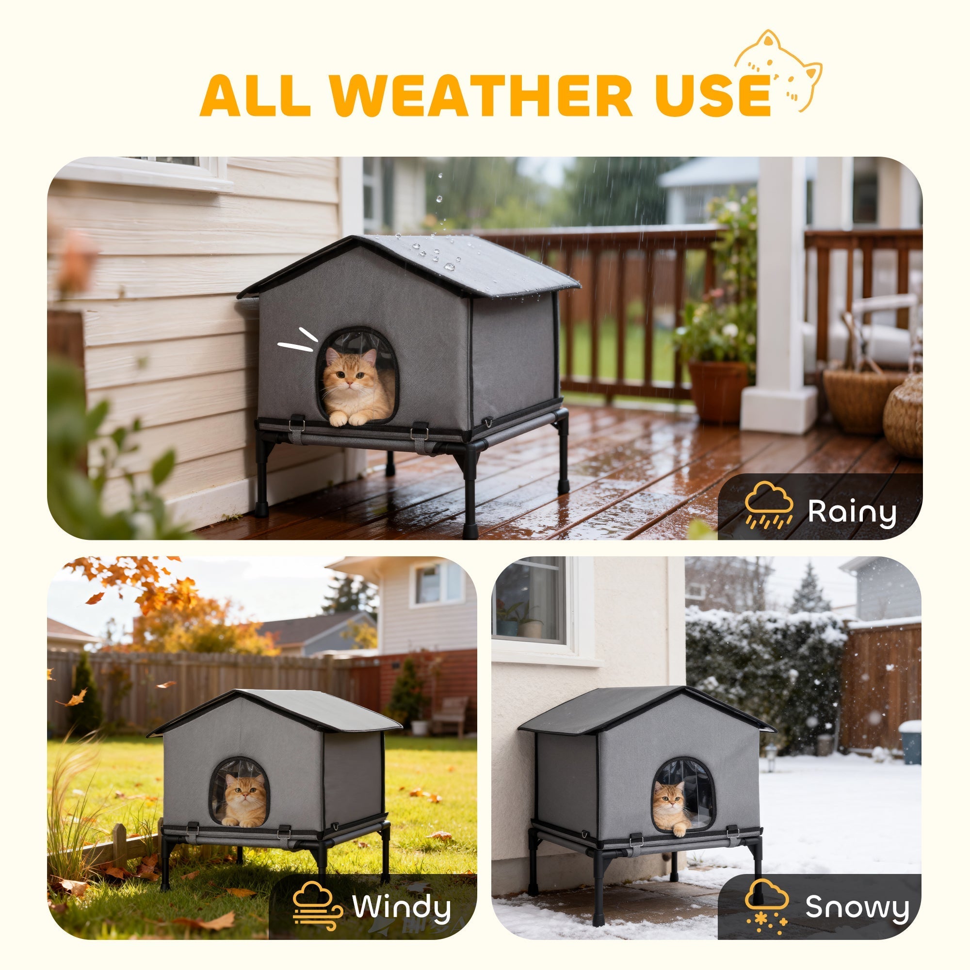 Gray fabric pawhut outdoor cat house with black metal frame and roof waterproof insulated for all-weather use
