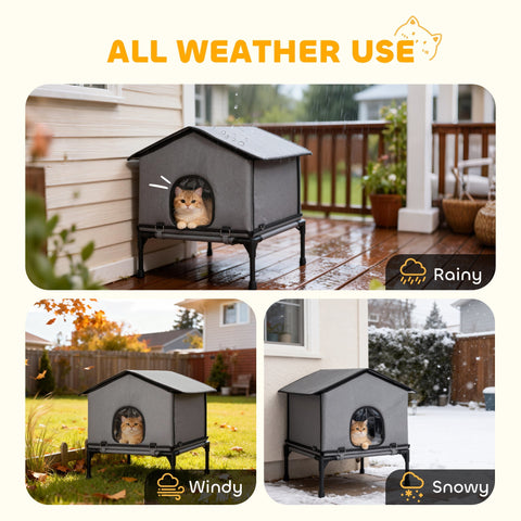 Gray fabric pawhut outdoor cat house with black metal frame and roof waterproof insulated for all-weather use