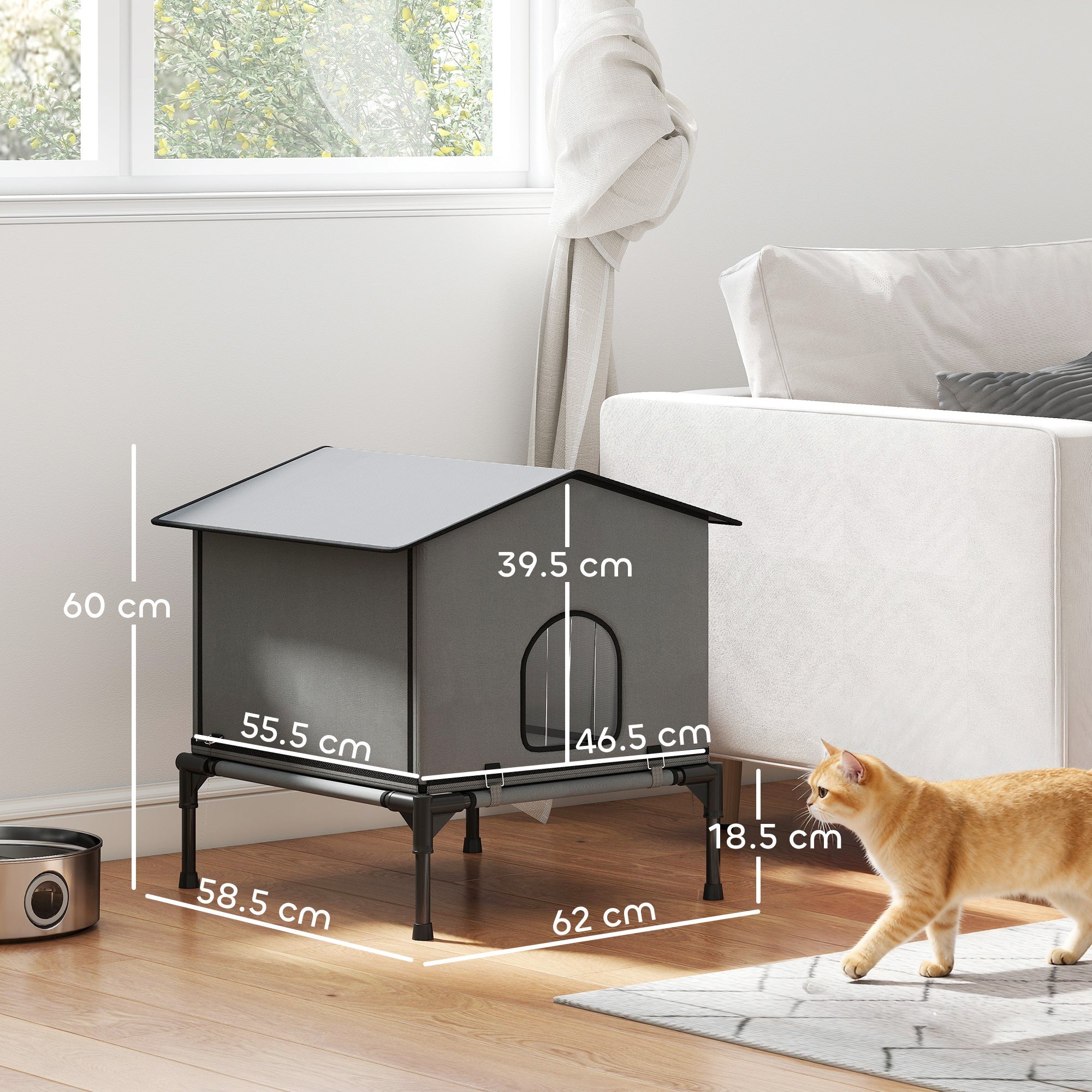 Gray pawhut outdoor cat house with waterproof insulated material and black metal legs for outdoor cats