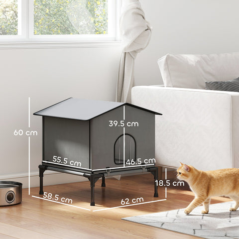 Gray pawhut outdoor cat house with waterproof insulated material and black metal legs for outdoor cats