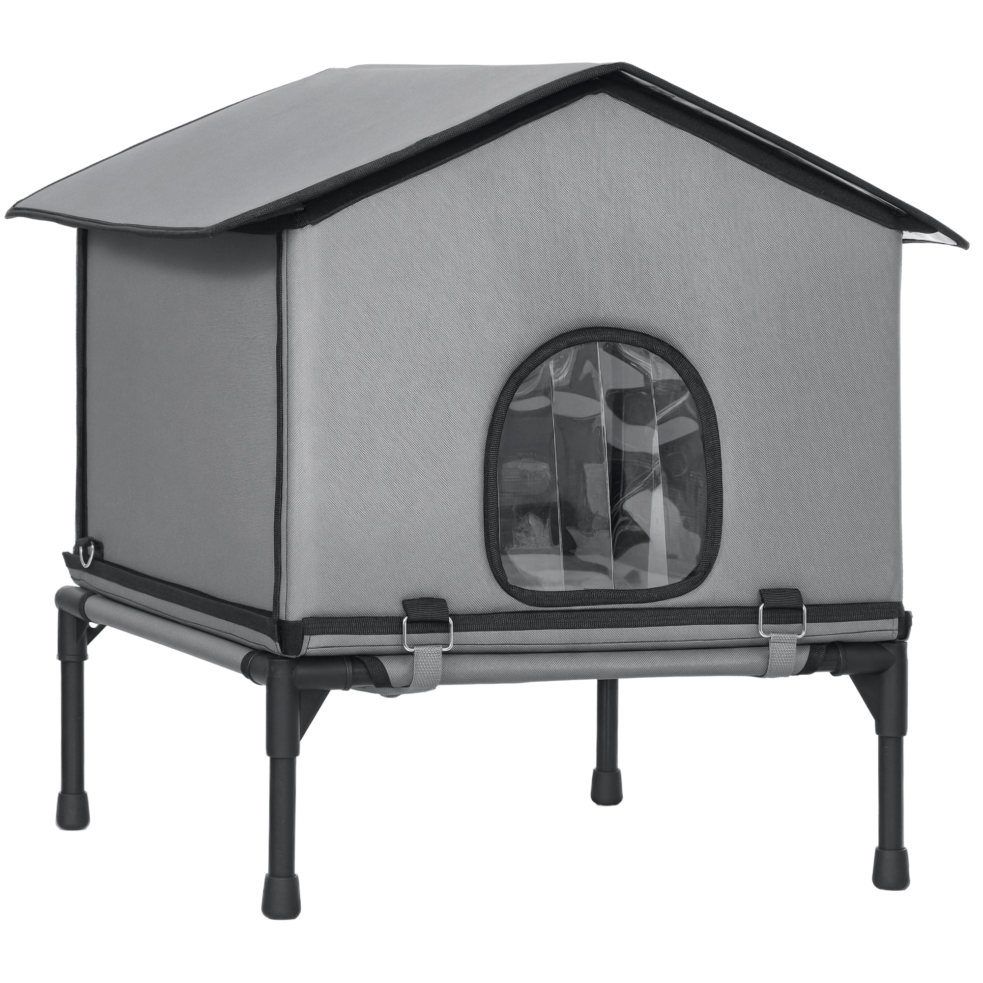 Pawhut outdoor cat house in gray fabric with clear oval window black trim and sturdy metal frame for outdoor cat use