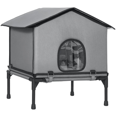 Pawhut outdoor cat house in gray fabric with clear oval window black trim and sturdy metal frame for outdoor cat use
