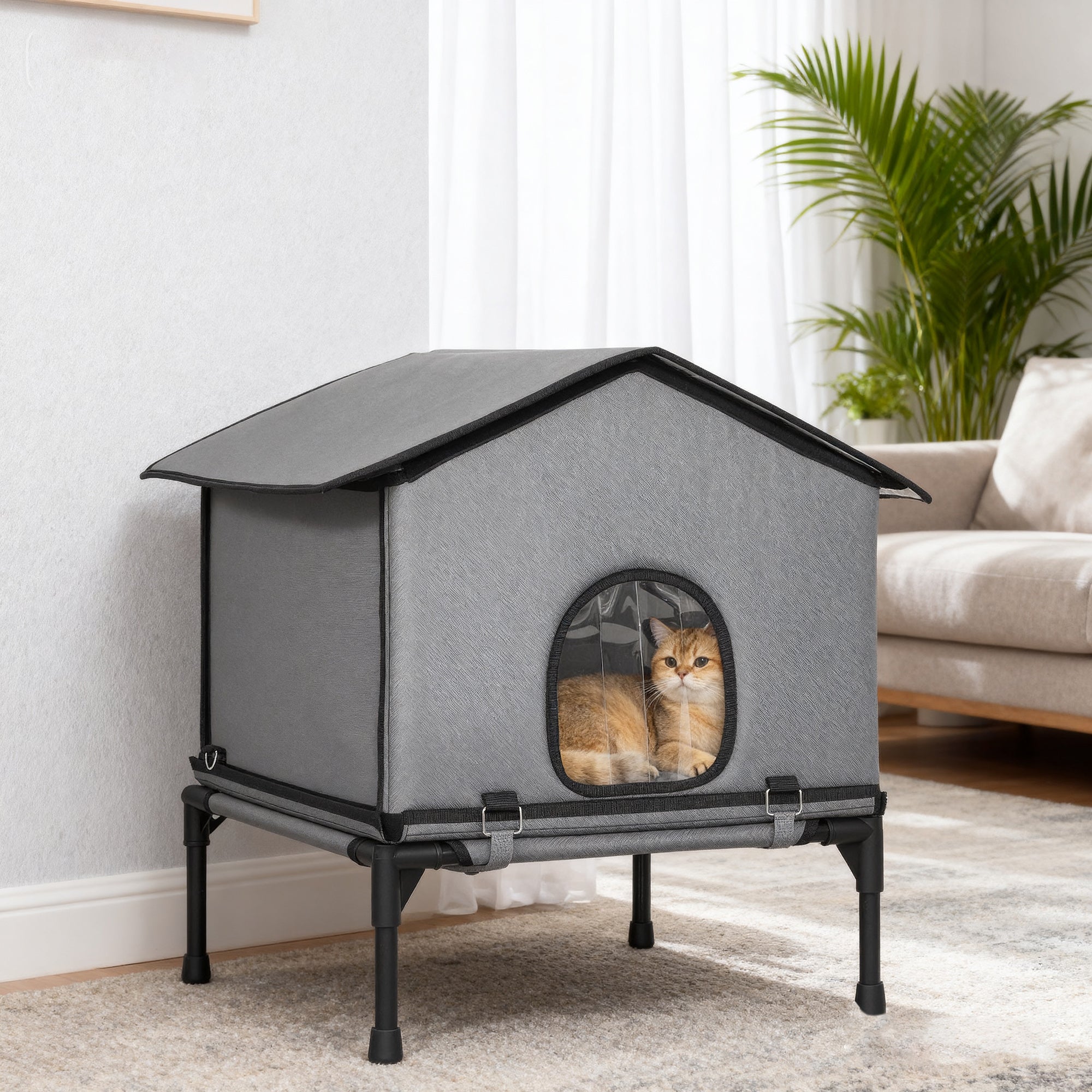 Gray fabric pawhut outdoor cat house with metal frame black trim and clear window for kittens and feral cats