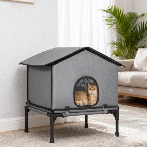 Gray fabric pawhut outdoor cat house with metal frame black trim and clear window for kittens and feral cats