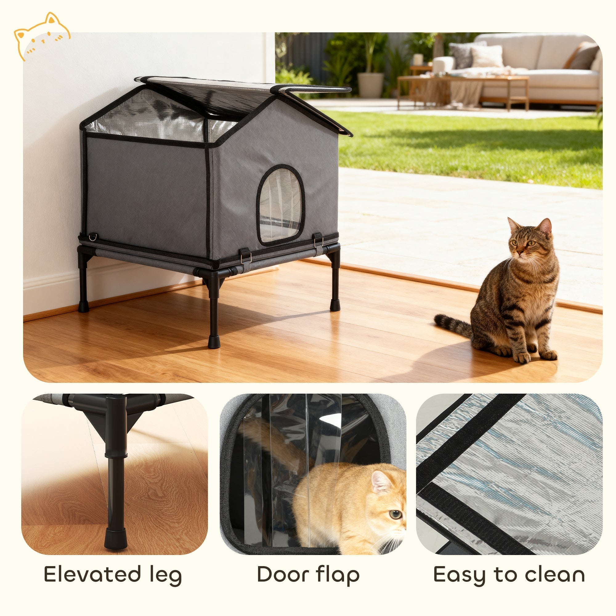 Gray fabric pawhut outdoor cat house with black metal legs and transparent windows for waterproof insulated shelter