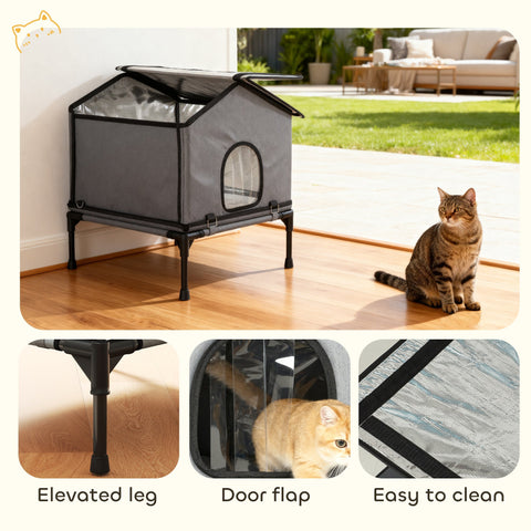 Gray fabric pawhut outdoor cat house with black metal legs and transparent windows for waterproof insulated shelter