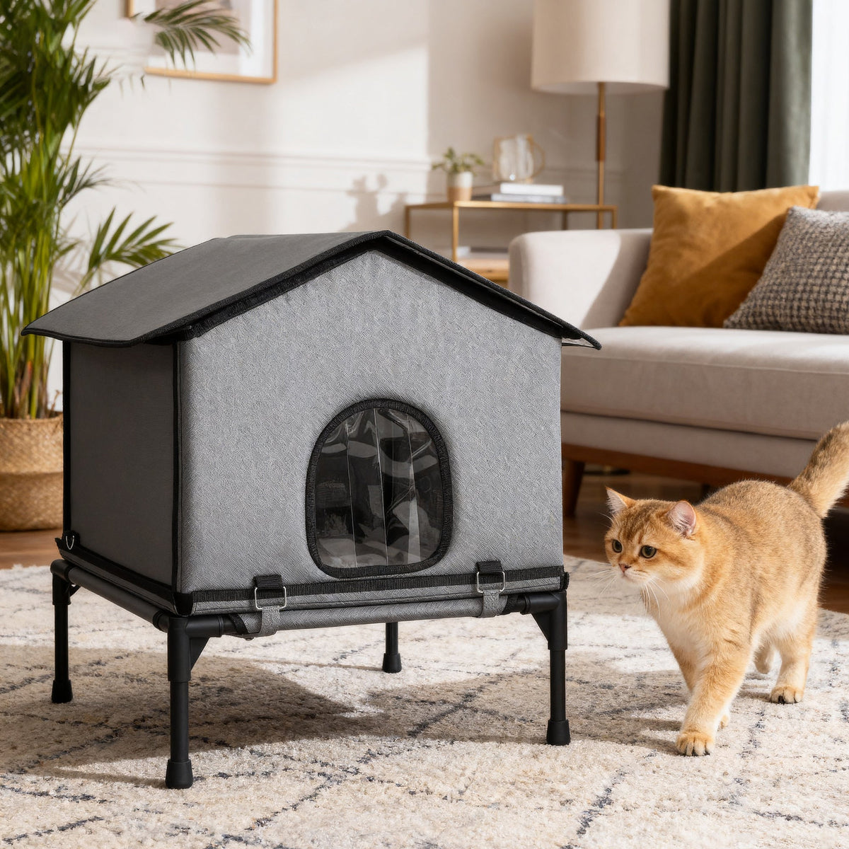 Gray pawhut outdoor cat house with waterproof fabric, black roof, clear window, and elevated stand for outdoor cats