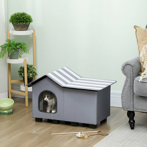 Gray pawhut outdoor cat house with striped roof and arched entrance weather resistant for winter use