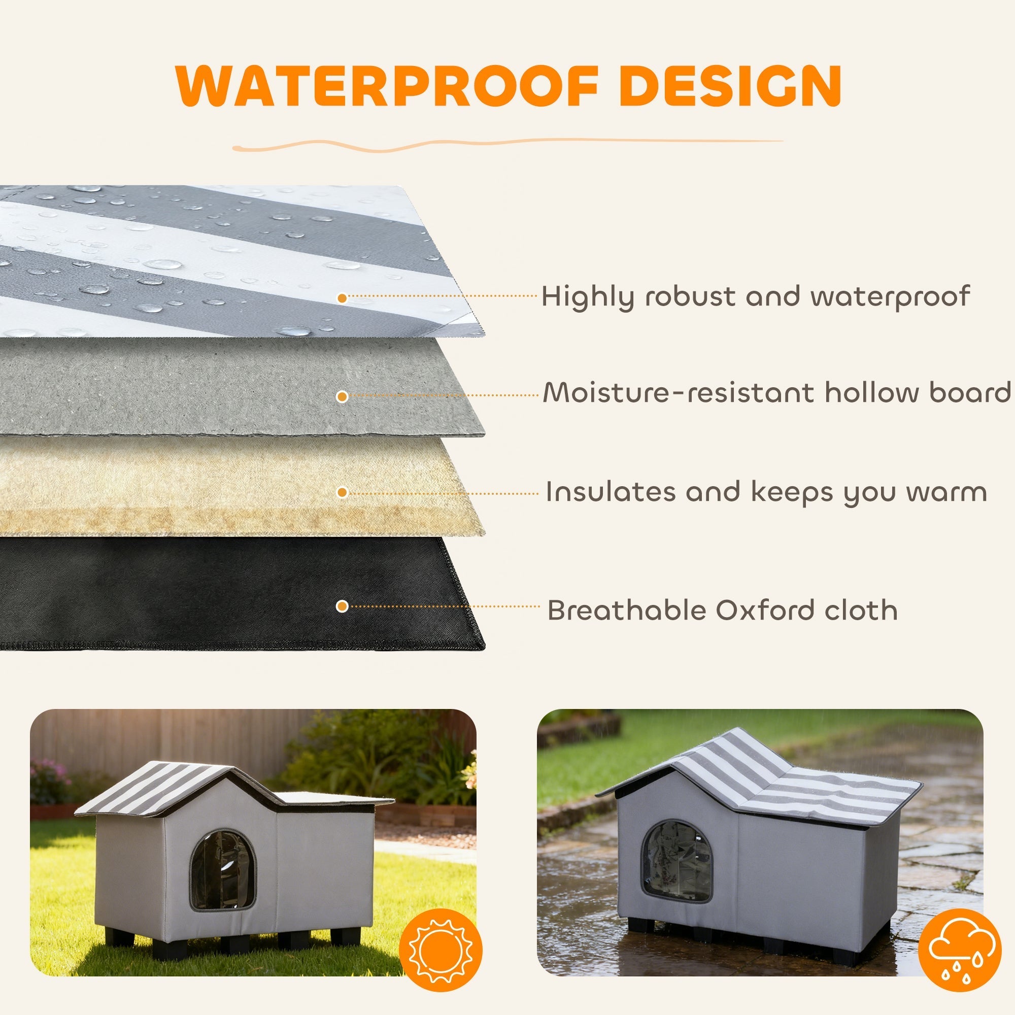 Gray and white striped roofed pawhut outdoor cat house with waterproof oxford cloth and moisture resistant hollow board interior