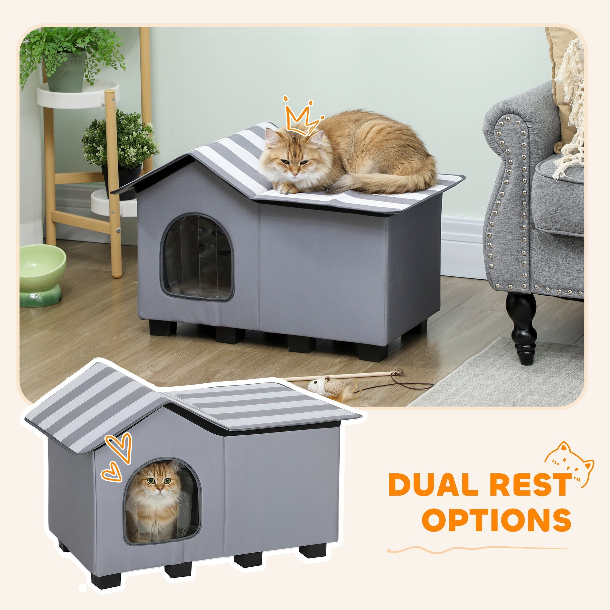 Gray fabric pawhut outdoor cat house with striped roof dual rest options elevated base and cushion for winter use