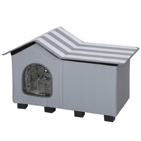 Gray fabric pawhut outdoor cat house with striped roof arched window elevated base perfect for winter use