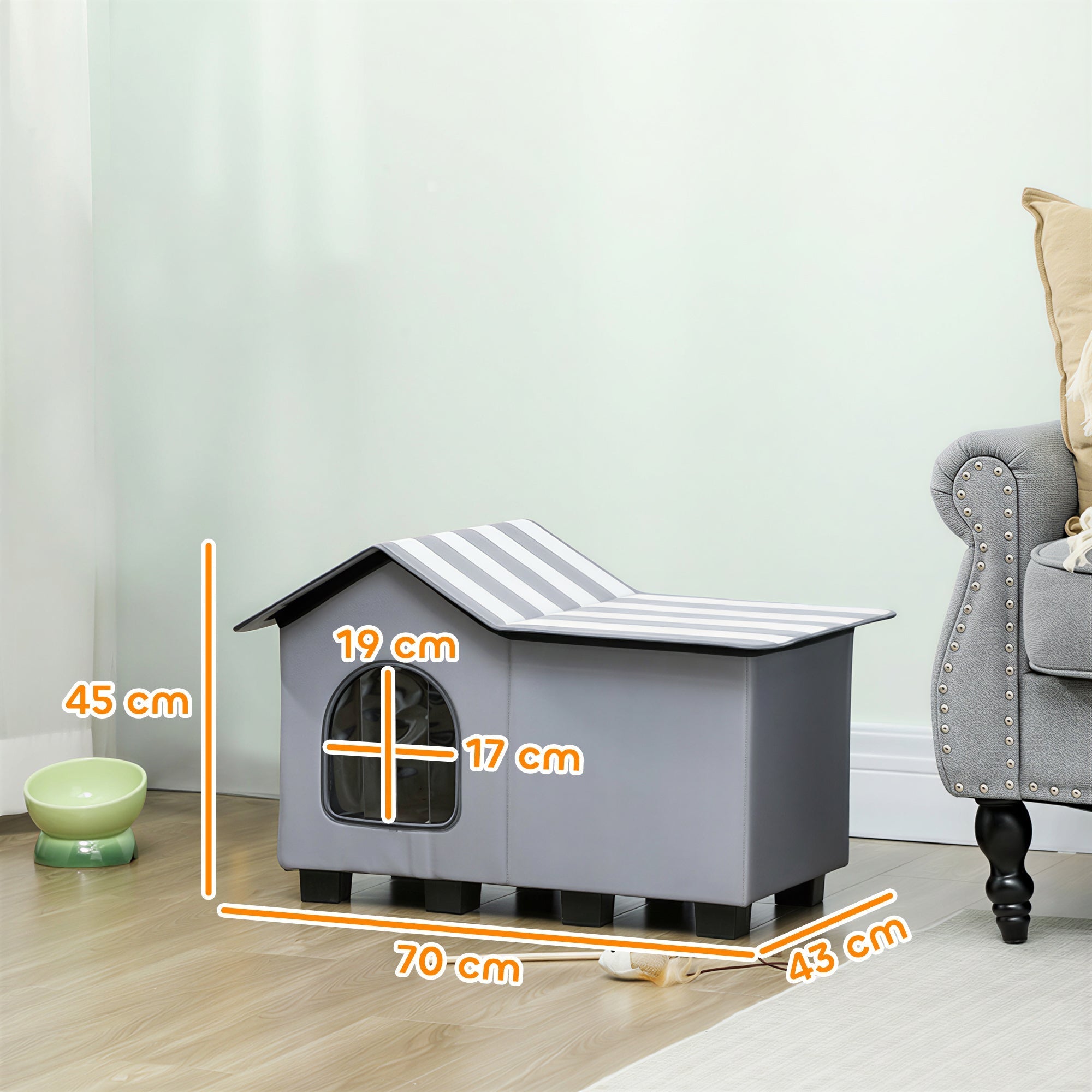 Gray fabric pawhut outdoor cat house with striped roof and arched window for winter use outdoors