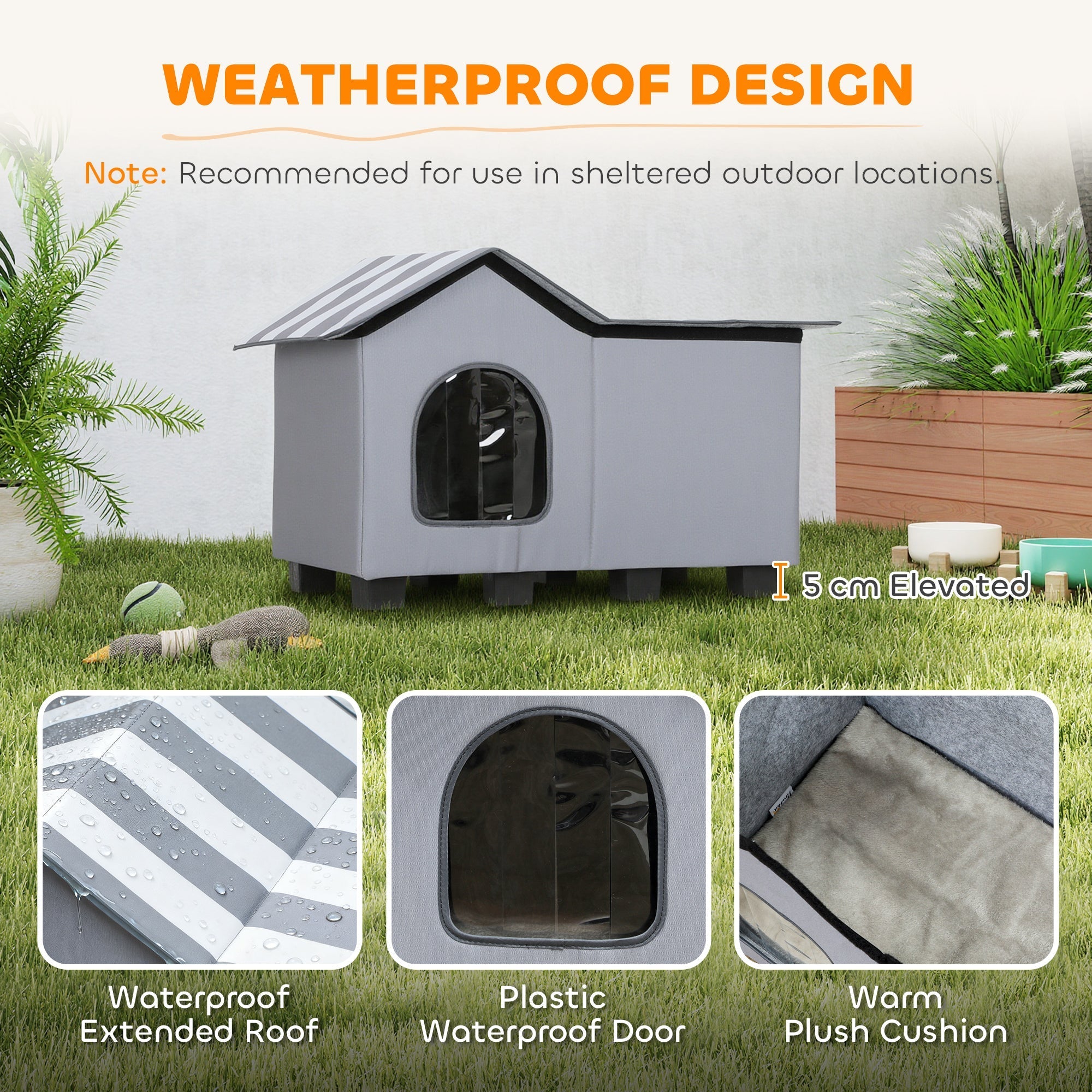 Gray pawhut outdoor cat house with striped roof plastic door elevated base and plush cushion for winter use