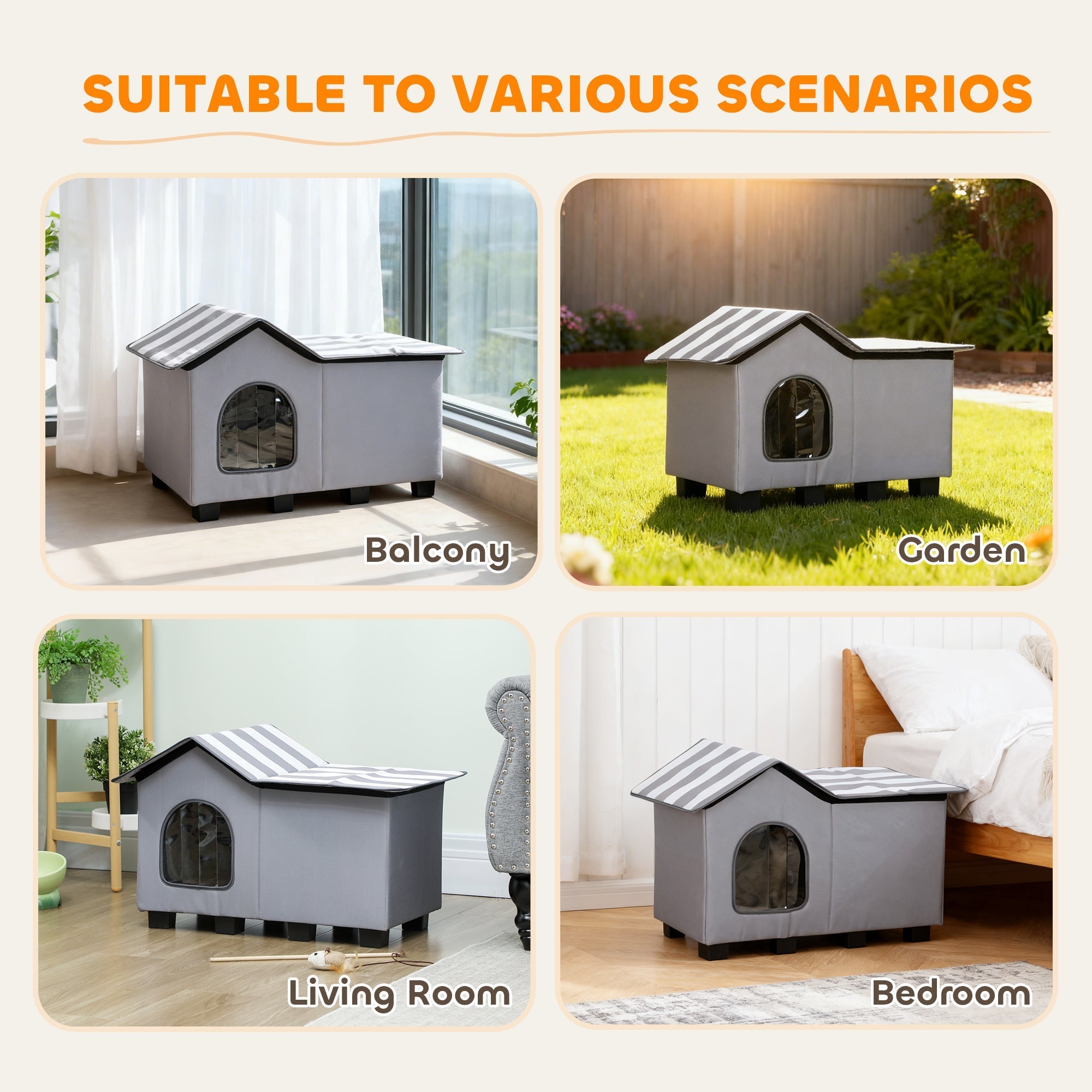Gray fabric pawhut outdoor cat house with striped roof arched window elevated base and cushion for winter use