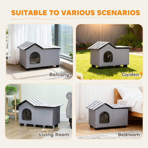 Gray fabric pawhut outdoor cat house with striped roof arched window elevated base and cushion for winter use