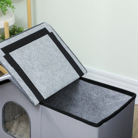 Gray felt pawhut outdoor cat house with black trim hinged lid elevated base and cushion for winter use