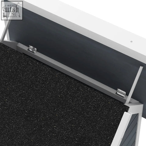 Black speckled outdoor cat house with white frame, three doors, and an openable asphalt roof by PawHut