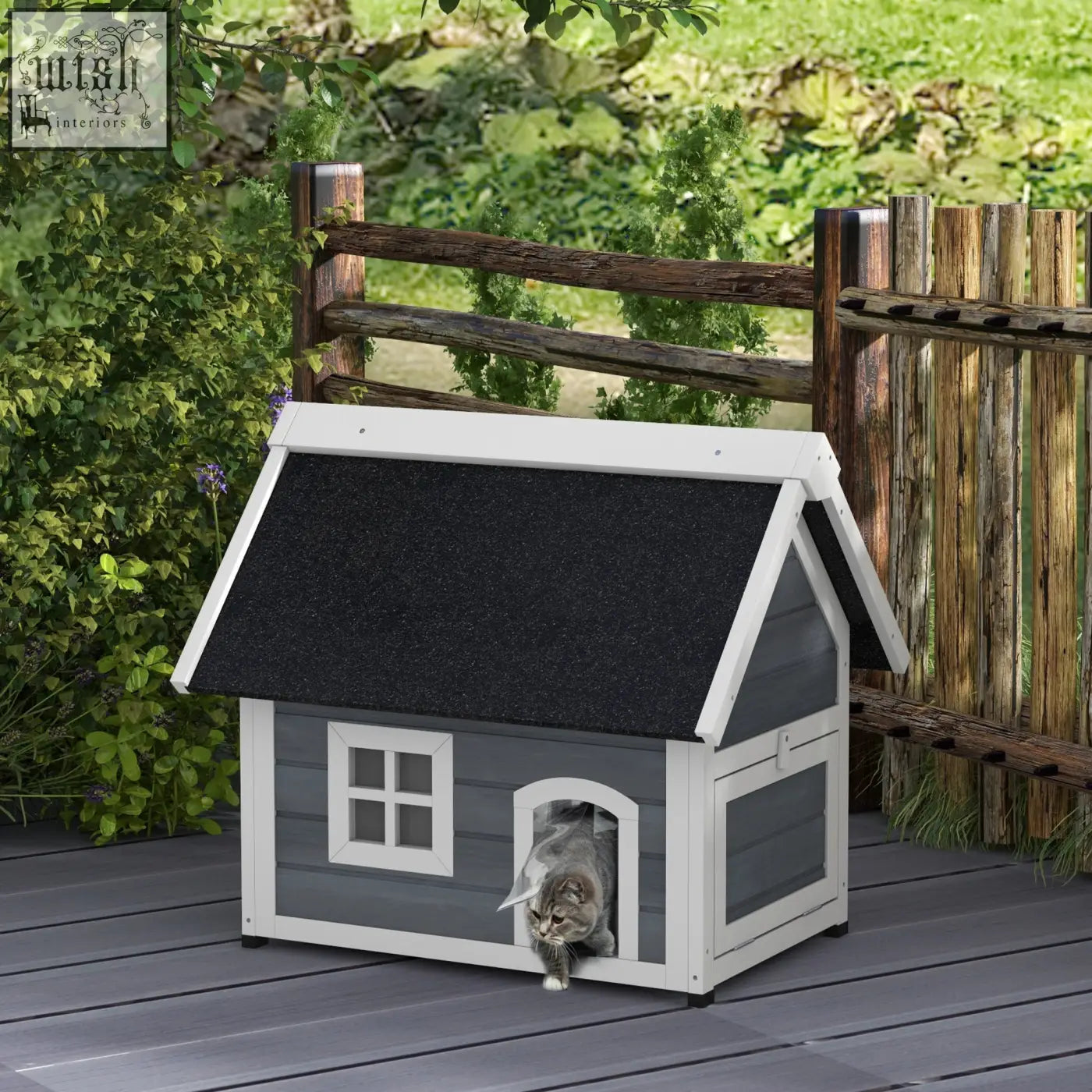Gray and white wooden pawhut outdoor cat house with three doors and a black asphalt roof for feral cats