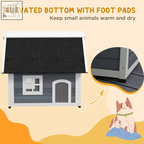 Gray and white wooden pawhut outdoor cat house with three doors and openable asphalt roof for feral cats