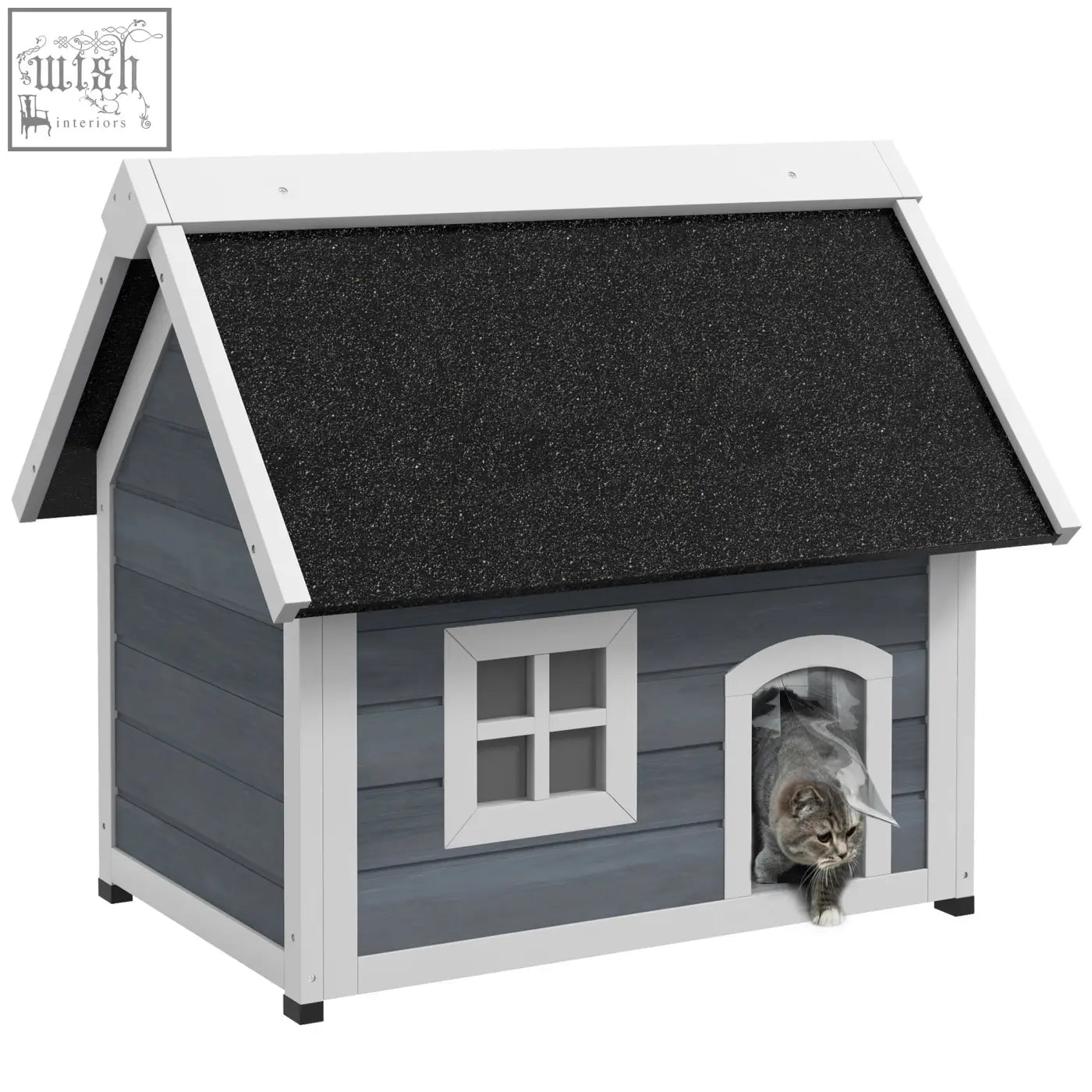 Pawhut outdoor cat house in gray wood with three doors and a black asphalt roof for feral cat shelter