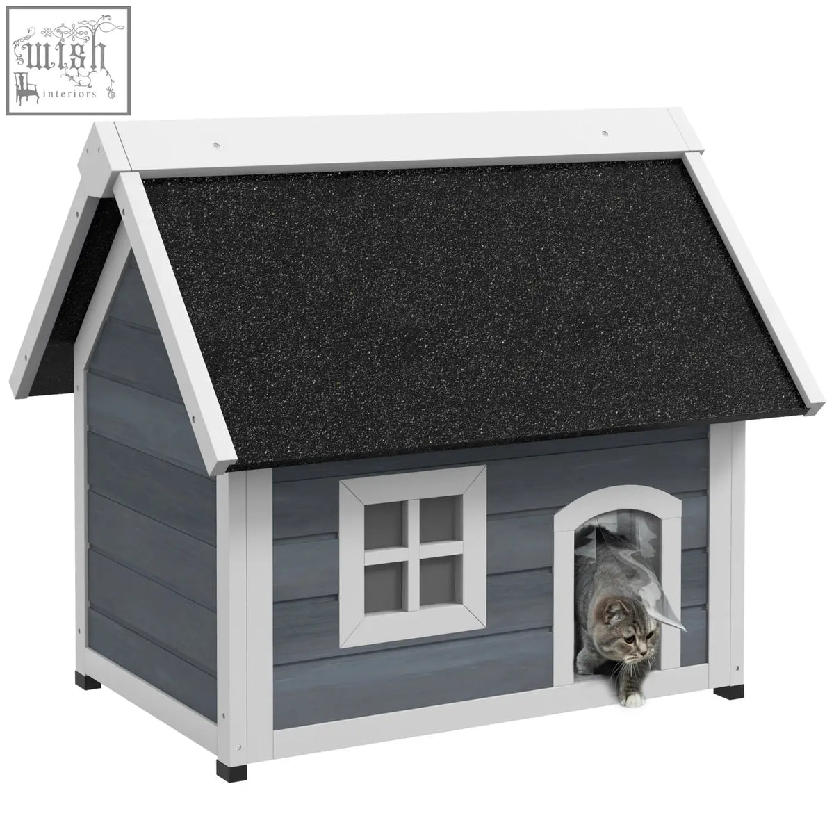 Pawhut outdoor cat house in gray wood with three doors and a black asphalt roof for feral cat shelter