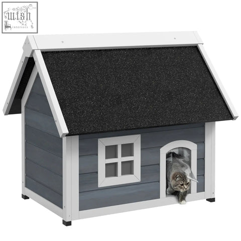 Pawhut outdoor cat house in gray wood with three doors and a black asphalt roof for feral cat shelter