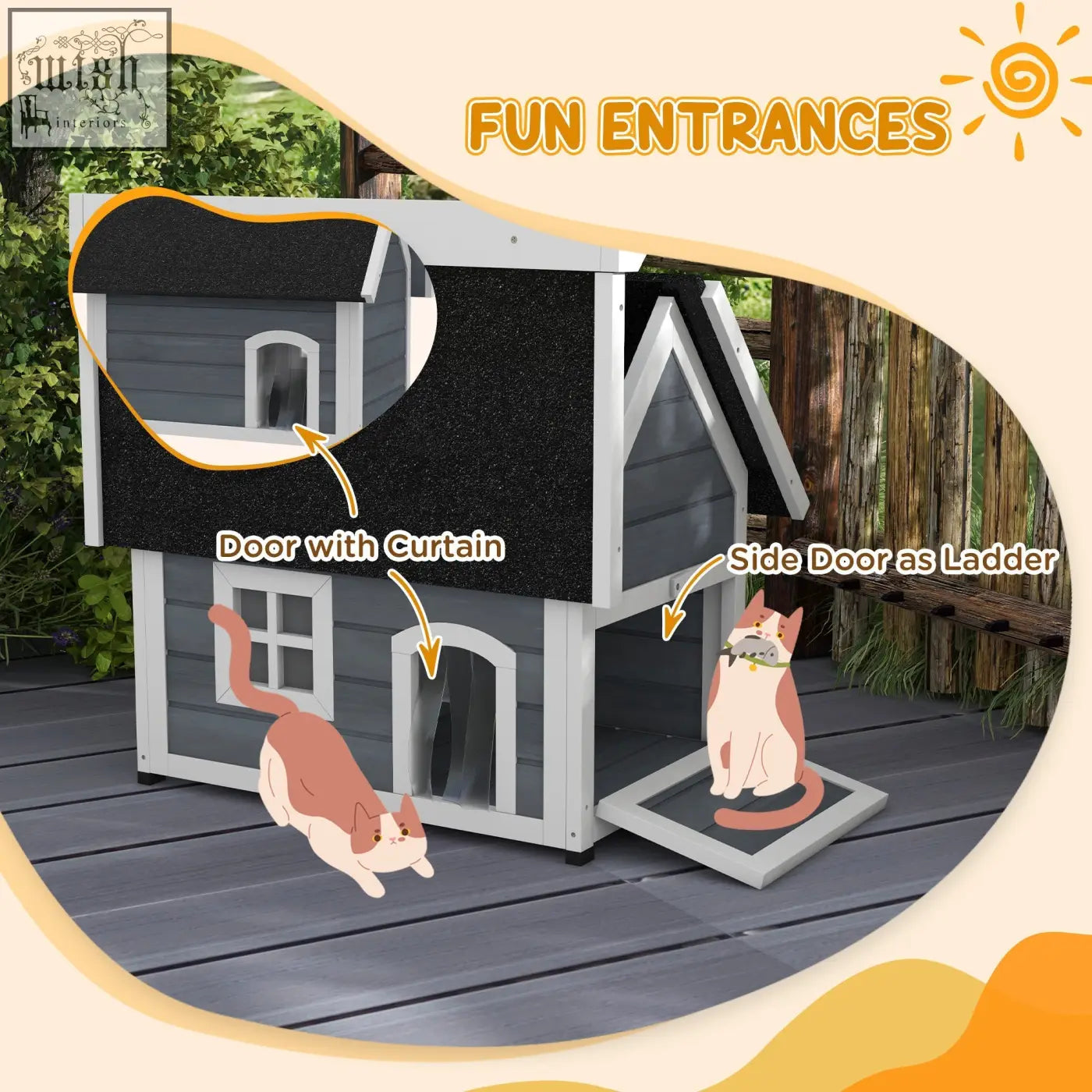 Gray and white wooden pawhut outdoor cat house with three doors and openable asphalt roof for feral cats