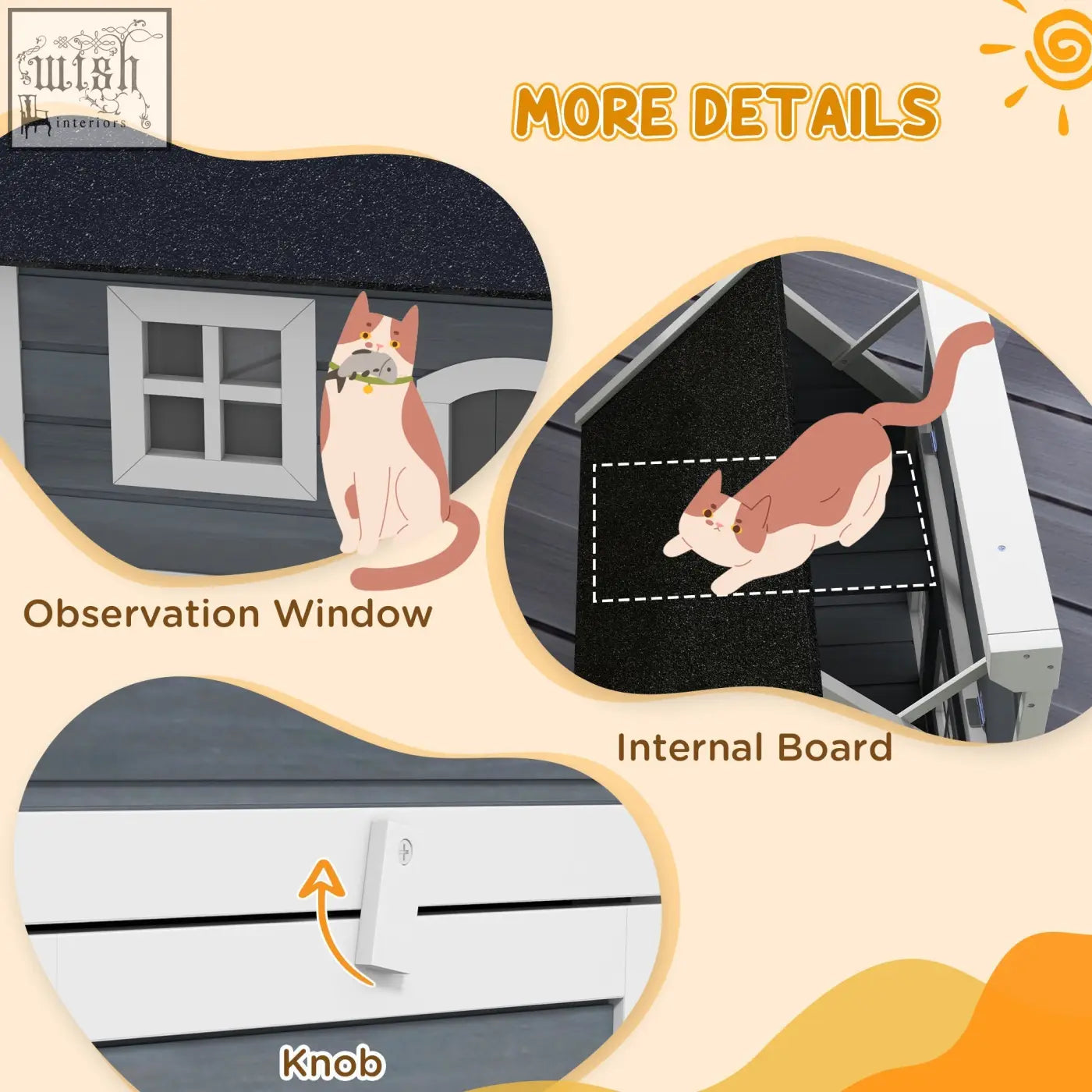 Gray and white pawhut outdoor cat house with three doors, asphalt roof, observation window, and wooden feral cat shelter design