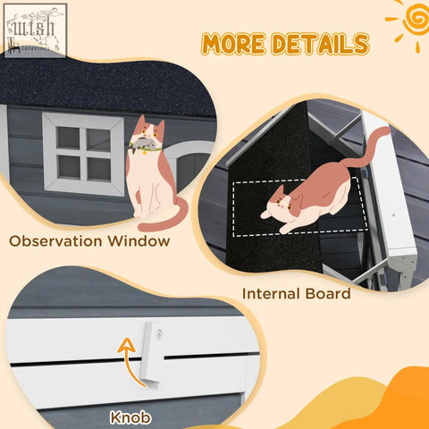 Gray and white pawhut outdoor cat house with three doors, asphalt roof, observation window, and wooden feral cat shelter design