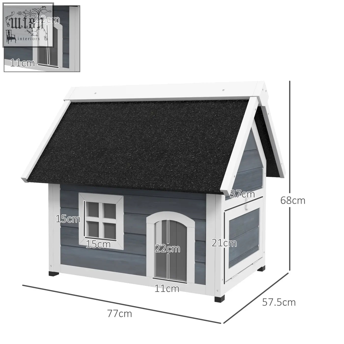Gray and white wooden pawhut cat house with three doors and a black asphalt roof for outdoor use