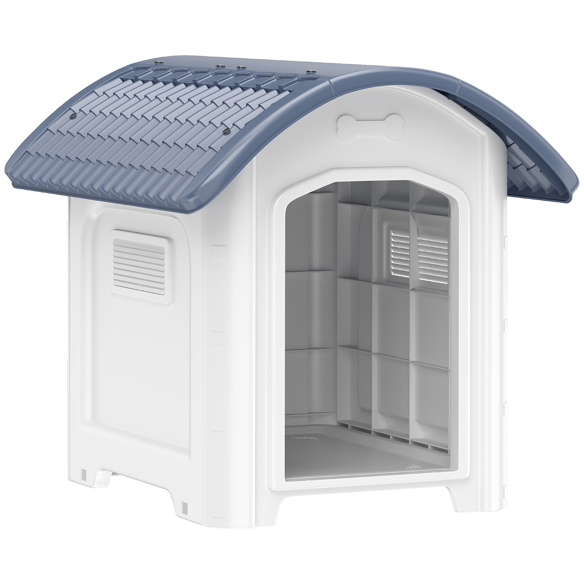 White and gray plastic pawhut outdoor dog house with textured waterproof roof and removable raised floor, showing vent hole size