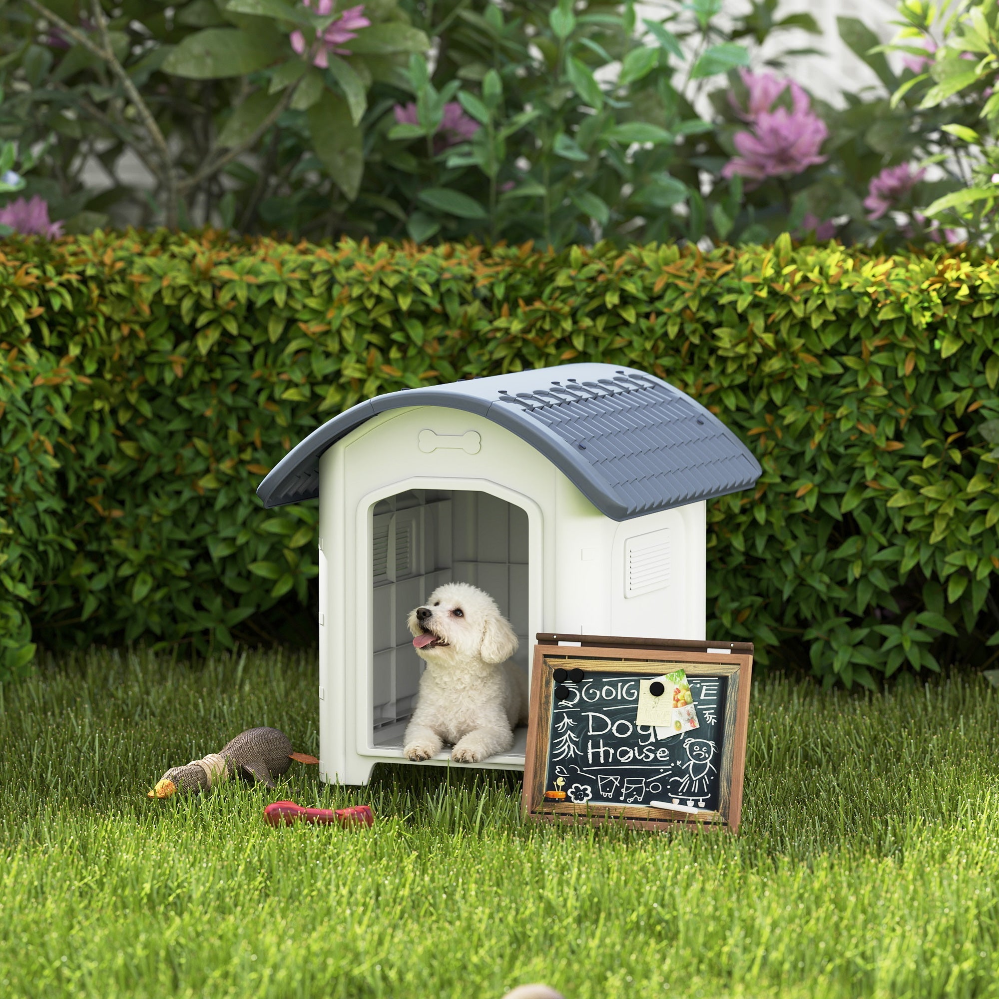 White and gray plastic PawHut dog house with removable floor and waterproof roof featuring vent hole size and window size