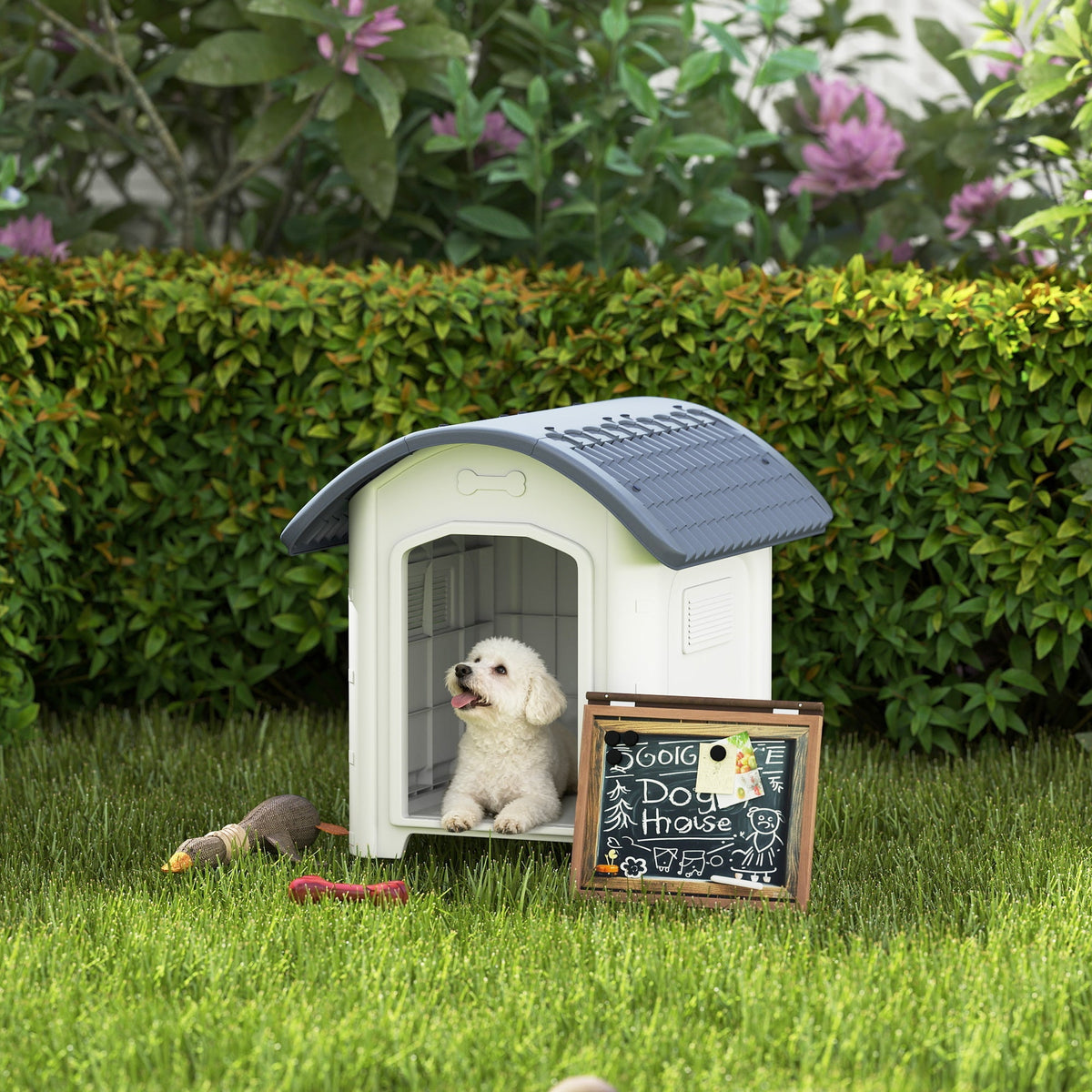 White and gray plastic PawHut dog house with removable floor and waterproof roof featuring vent hole size and window size