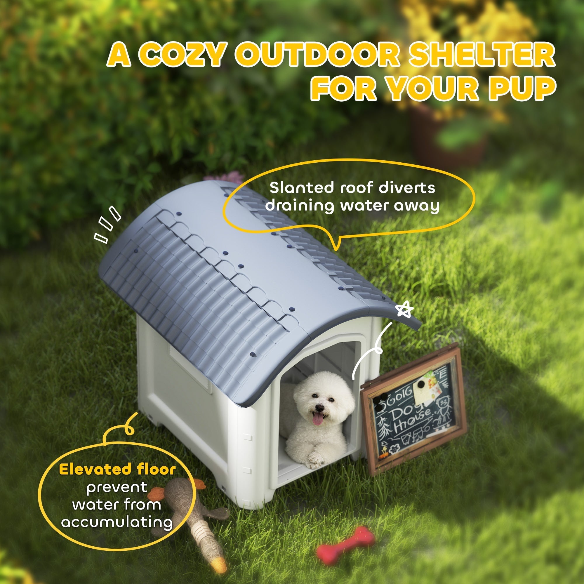 White and gray plastic PawHut dog house with slanted waterproof roof and raised floor showing vent hole size and window size