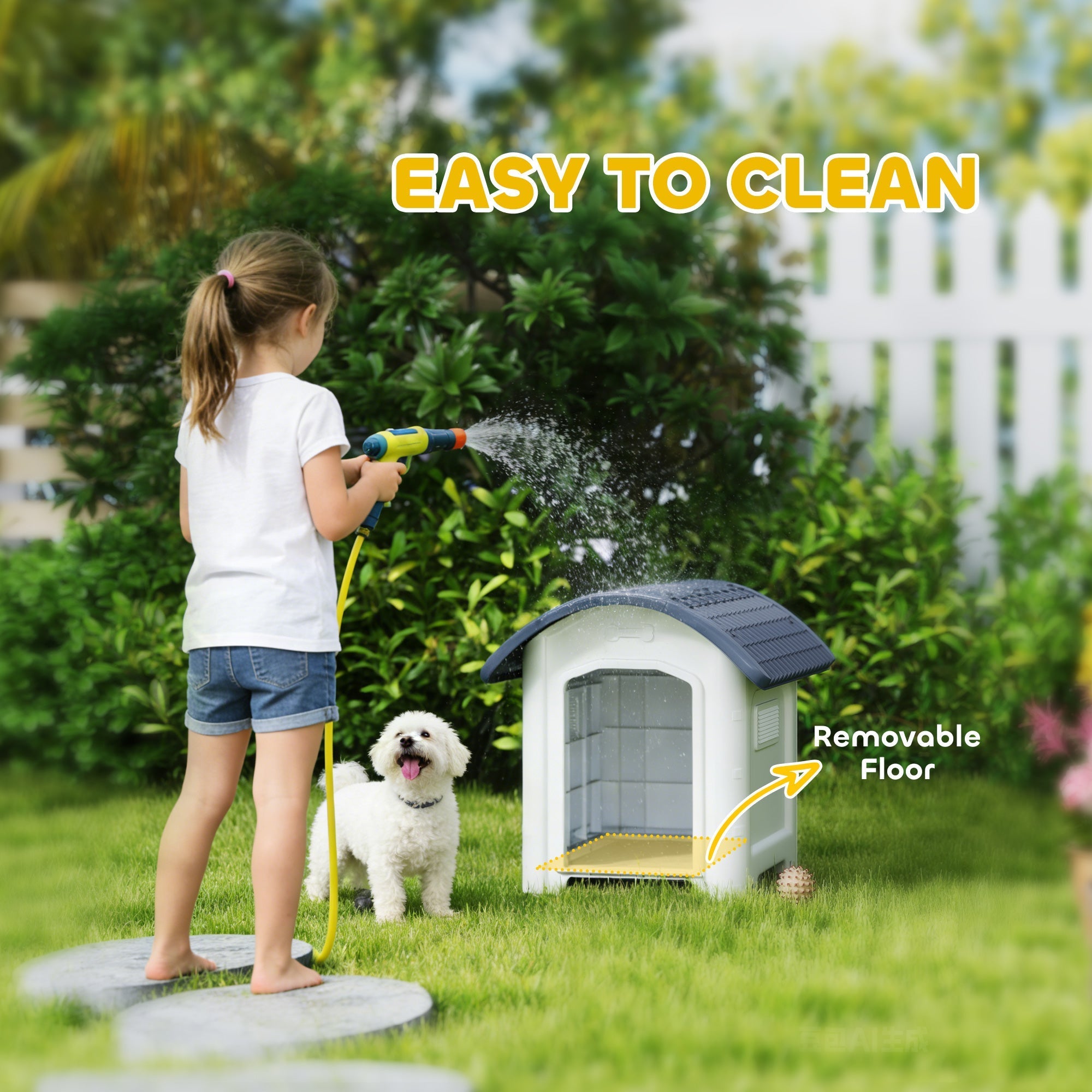 White plastic pawhut dog house with dark gray waterproof roof and removable floor features vent hole size and window size
