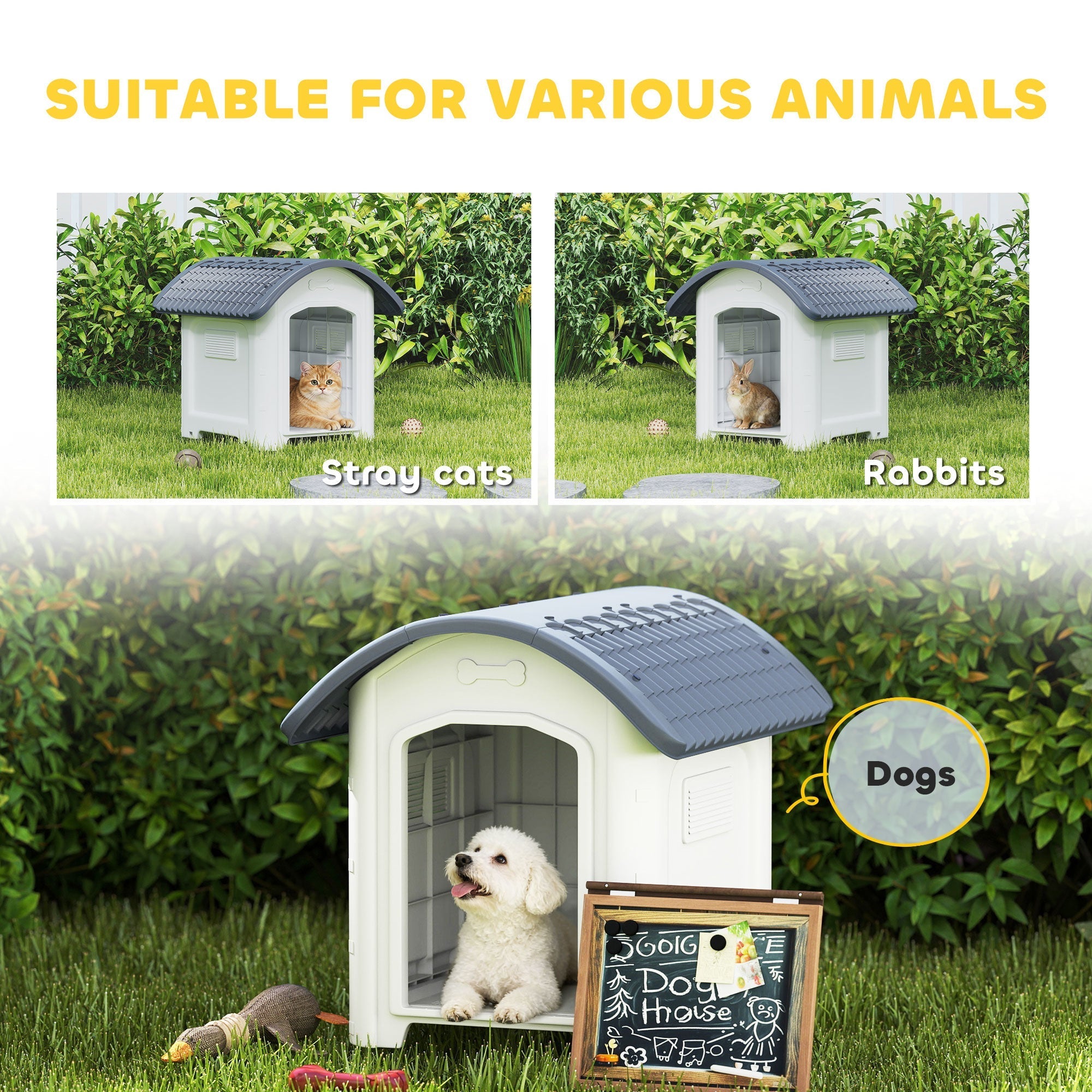 White plastic pawhut dog house with gray roof bone cutout vent hole size and window size for dogs cats rabbits