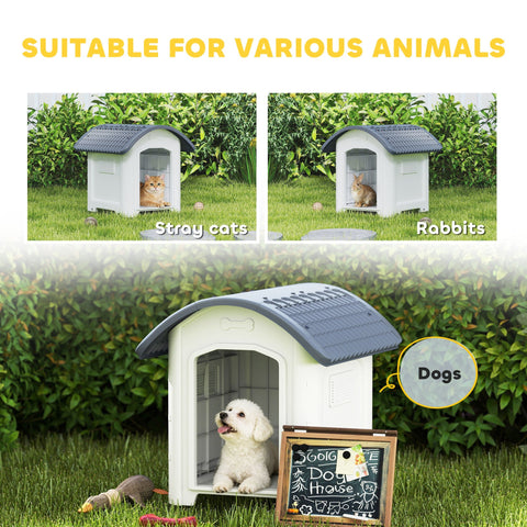 White plastic pawhut dog house with gray roof bone cutout vent hole size and window size for dogs cats rabbits