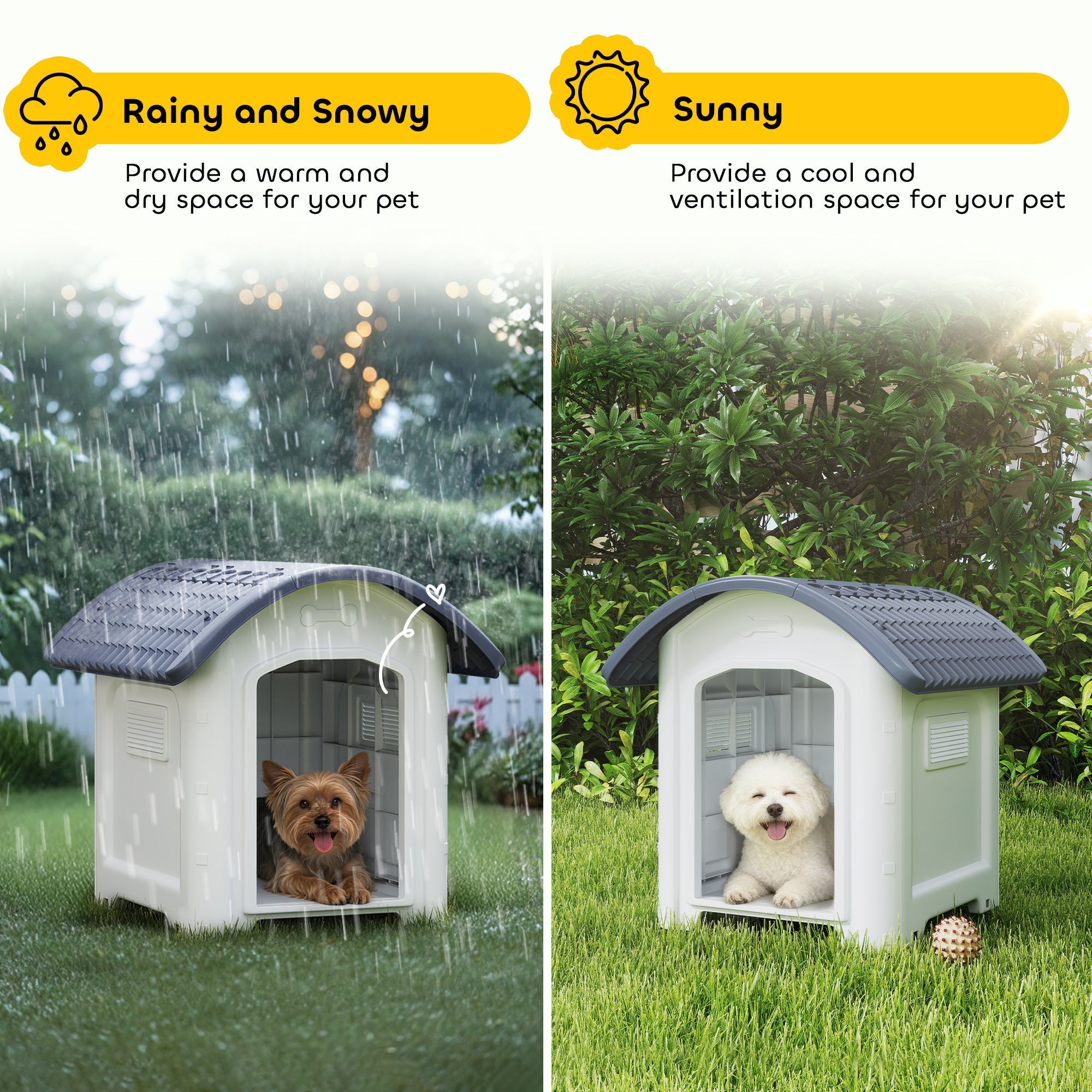 White and gray plastic pawhut dog house with waterproof curved roof vent hole size and window size included