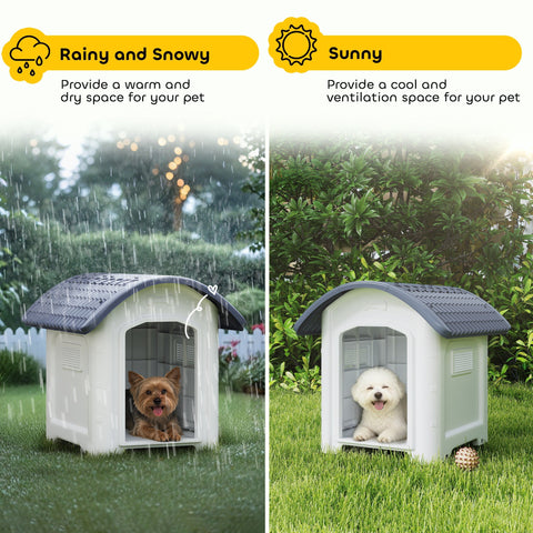 White and gray plastic pawhut dog house with waterproof curved roof vent hole size and window size included