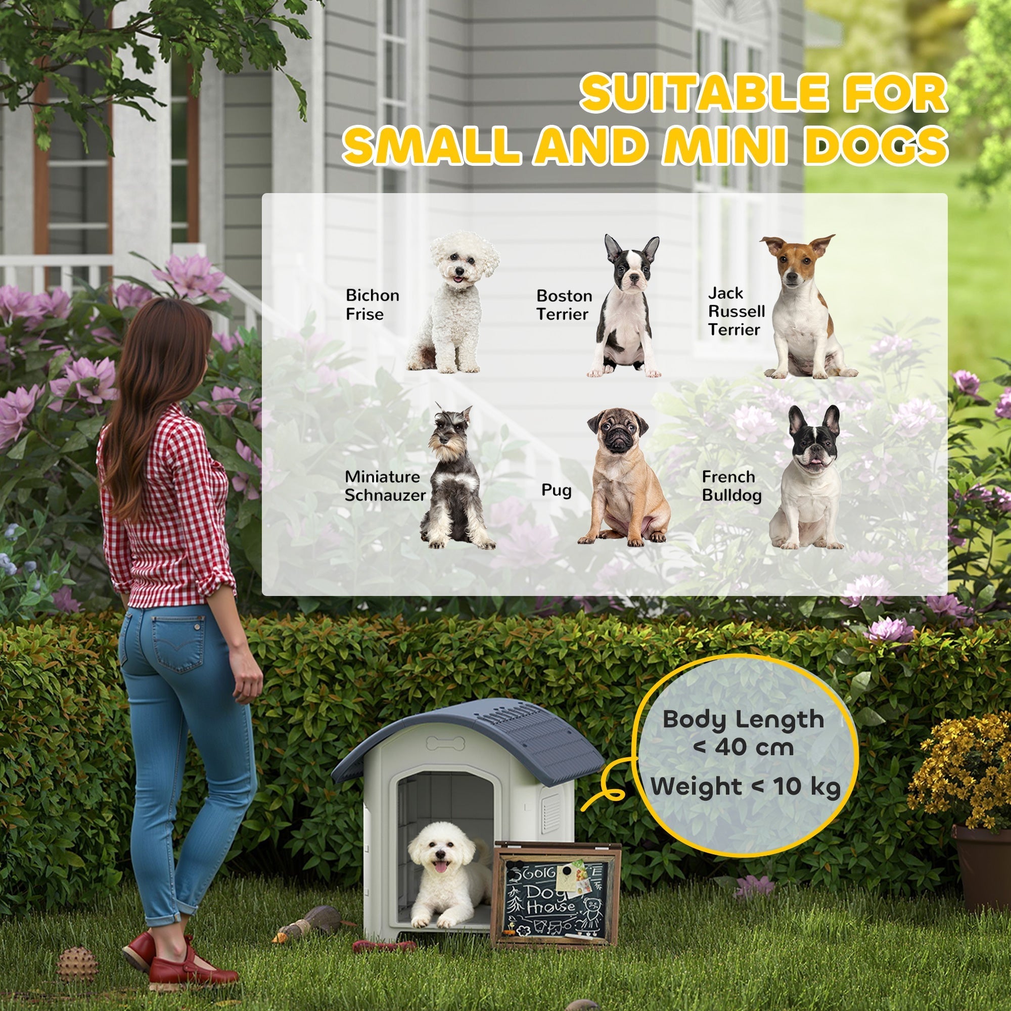 Blue and white plastic dog house with waterproof roof and raised floor showing vent hole size and window size features