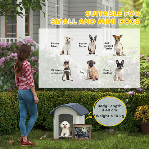Blue and white plastic dog house with waterproof roof and raised floor showing vent hole size and window size features