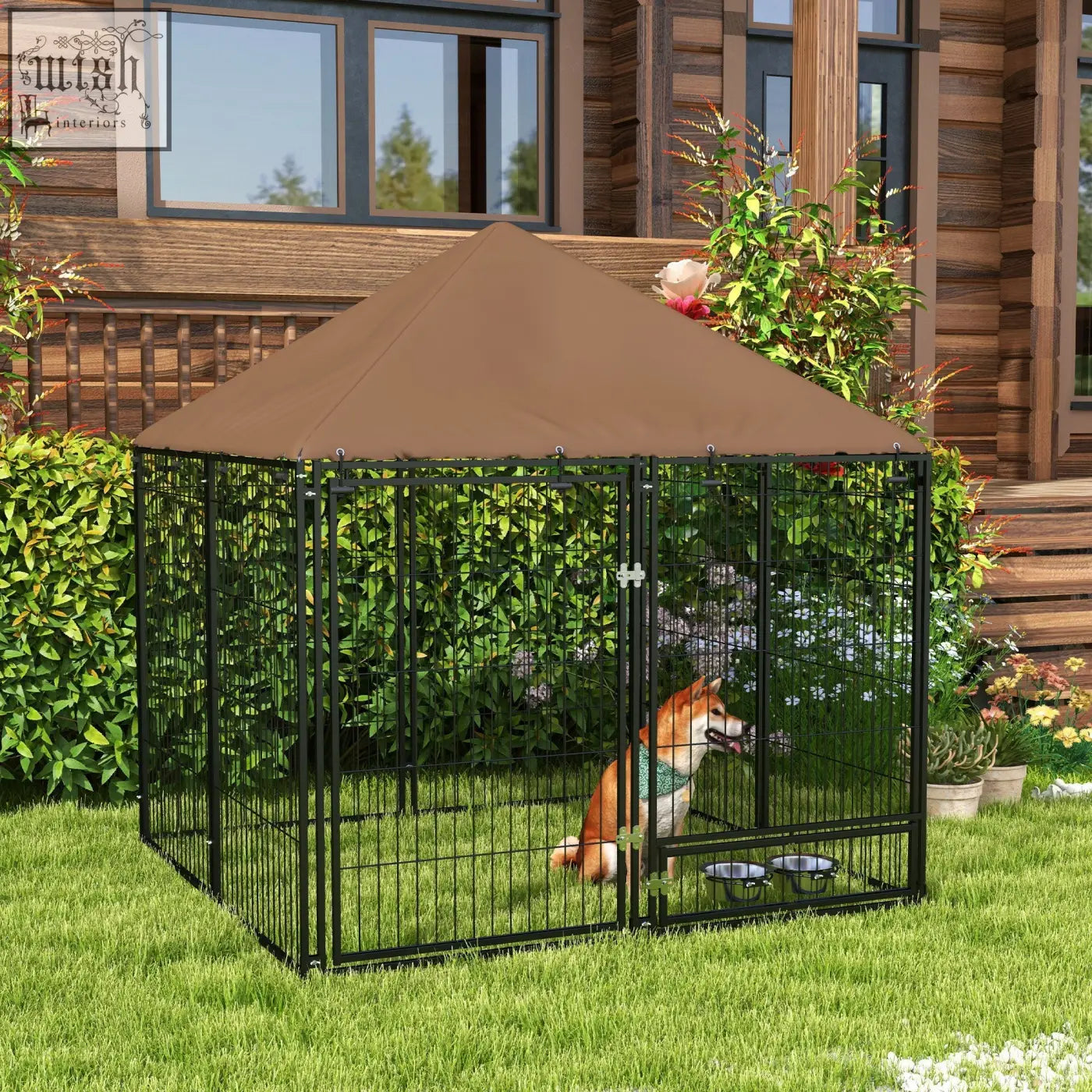 Black metal dog kennel with brown oxford cloth canopy offers spacious room for outdoor puppy playpen and enclosure