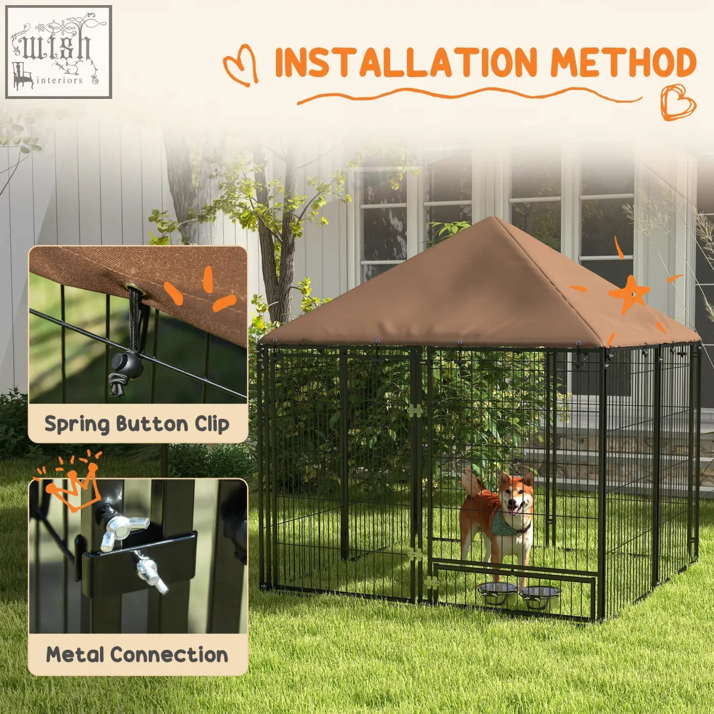 Black metal dog kennel with brown oxford cloth canopy providing a spacious room for outdoor puppy playpen