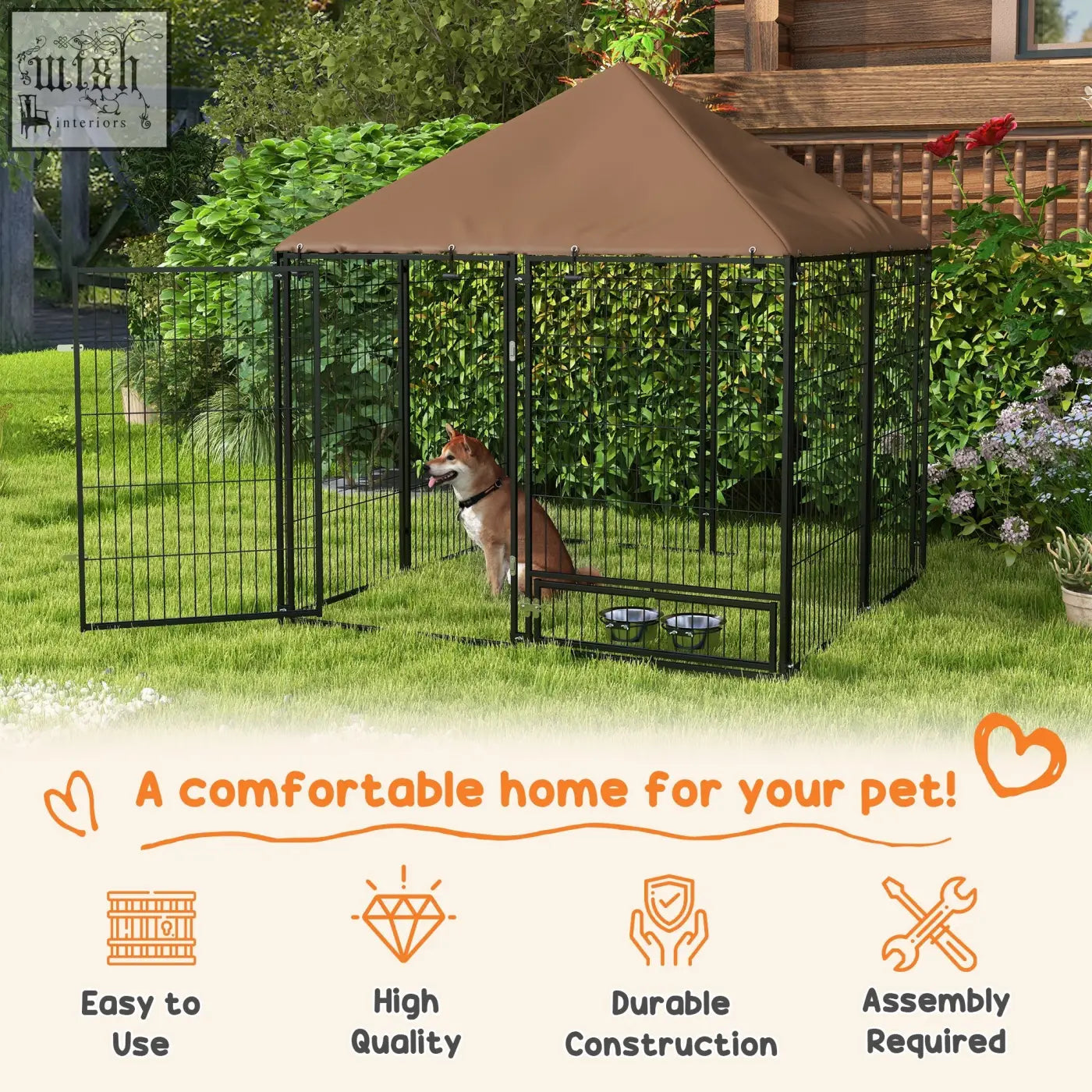 Black metal dog kennel with brown oxford cloth canopy spacious room and built-in feeding bowls for outdoor use