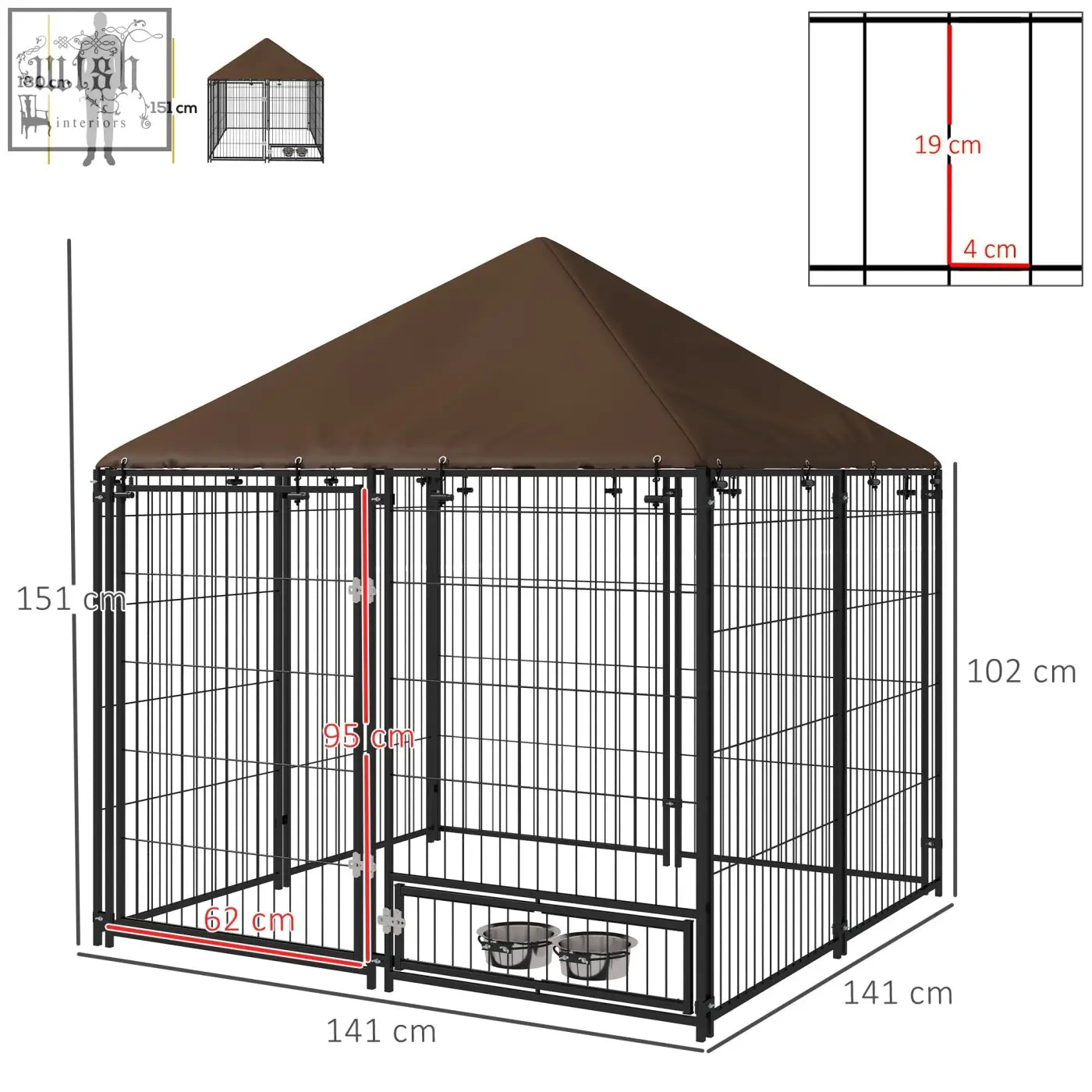 Black metal dog kennel with spacious room oxford cloth brown canopy and two built-in silver bowls for outdoor use