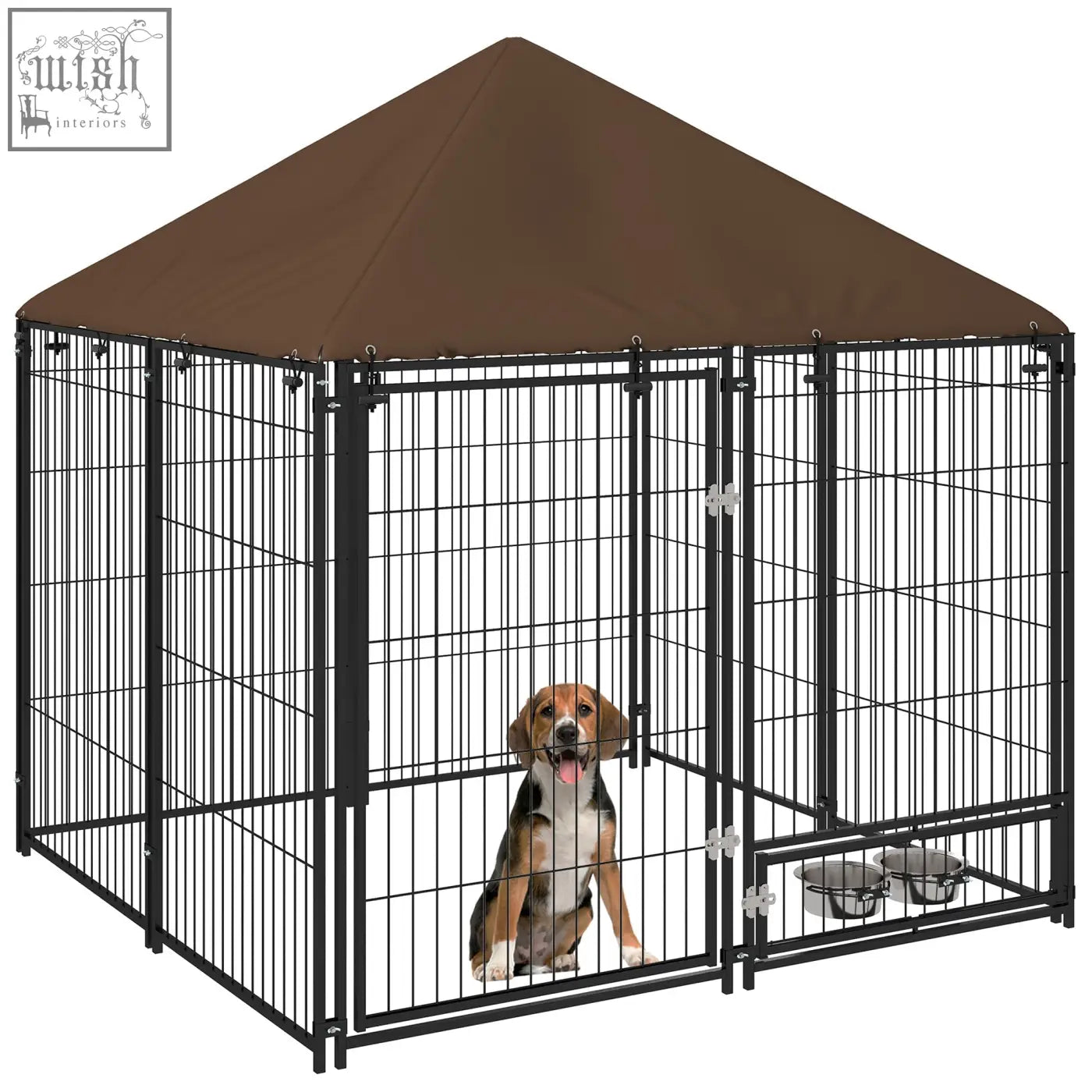 Black metal dog kennel with brown oxford cloth canopy roof and two silver bowls for spacious room play pen