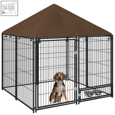 Black metal dog kennel with brown oxford cloth canopy roof and two silver bowls for spacious room play pen