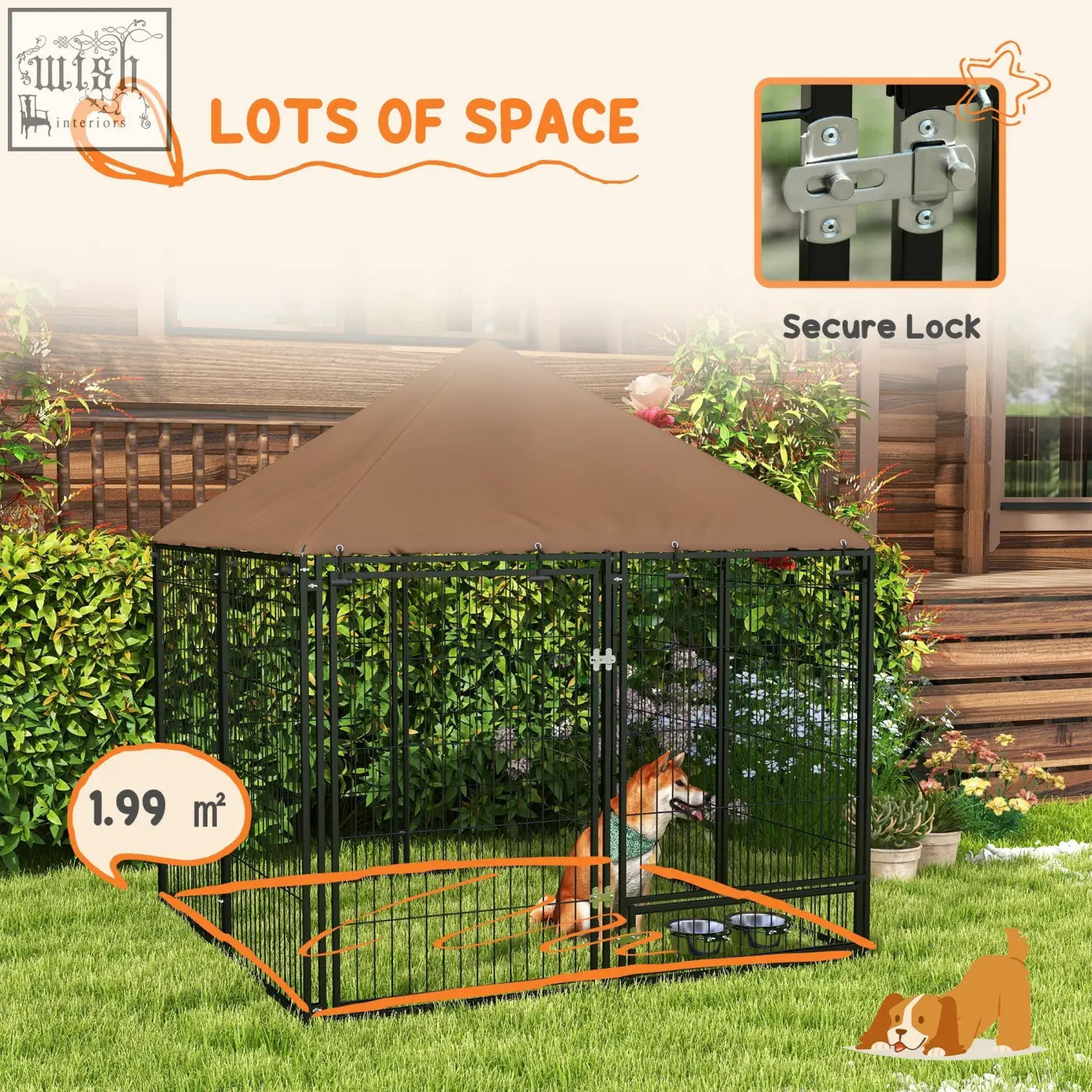 Pawhut outdoor dog kennel with spacious oxford cloth canopy top black metal frame and secure lock orange trim
